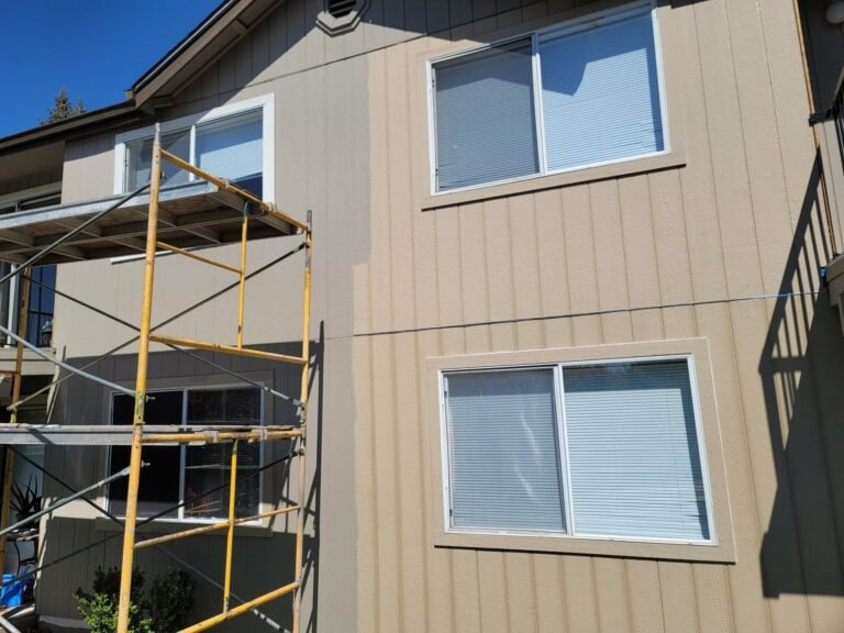 Windows and siding with scaffolding in place