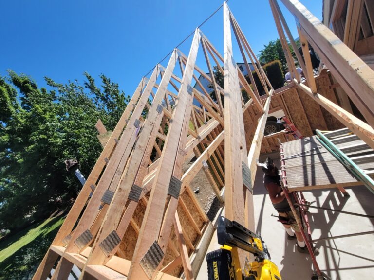 Roof trusses being installed