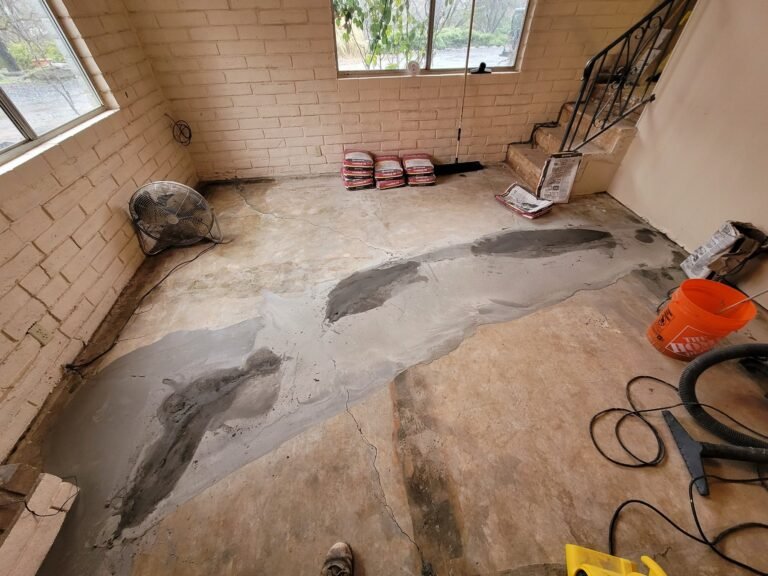 Floor preparation with exposed concrete and repair materials