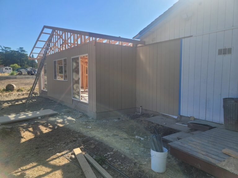 Addition with wall sheathing and exposed roof framing