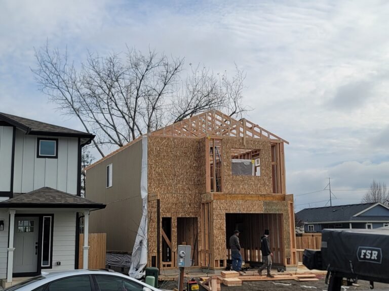 Two-story building with exposed roof framing